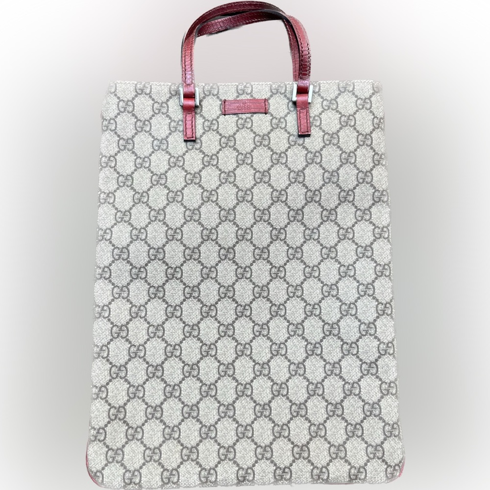 Gucci GG Supreme Flat Vertical Tote Coated Canvas w/ Red Leather #189896 486628